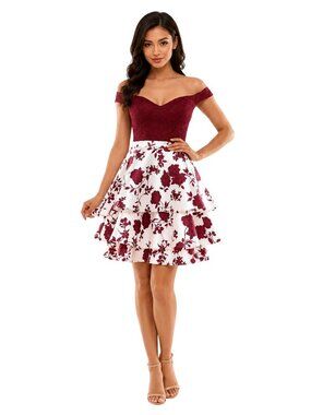 B Darlin size 12 Floral Fit Flare Mini Dress Off Shoulder Burgundy